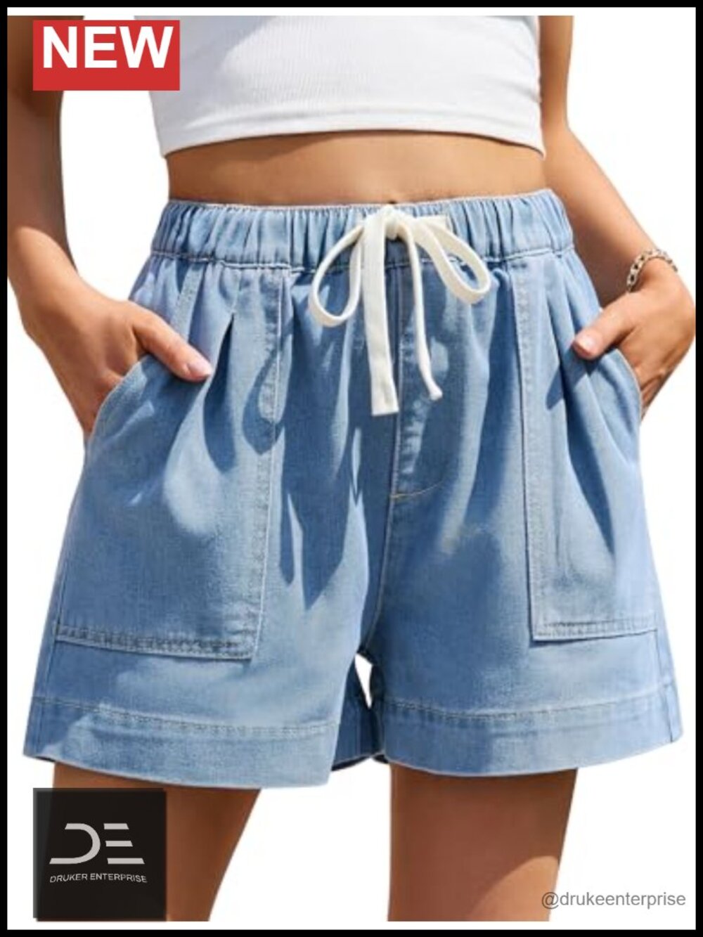 High Waisted Drawstring Pull On Denim Shorts with Pockets 4 Pockets Pleats